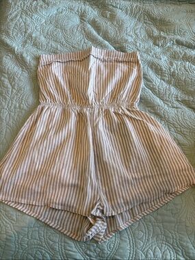 superdown Blue and White Striped Strapless Romper